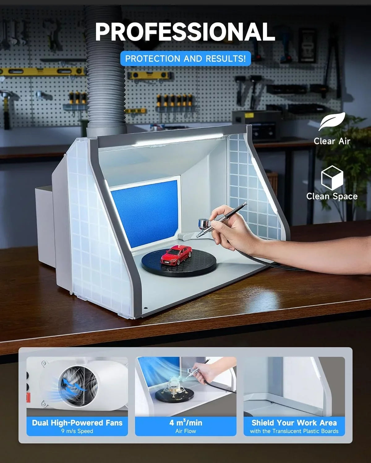 Portable Airbrush Spray Booth With Dual Fans, 3 LED Lights And Exhaust Hose