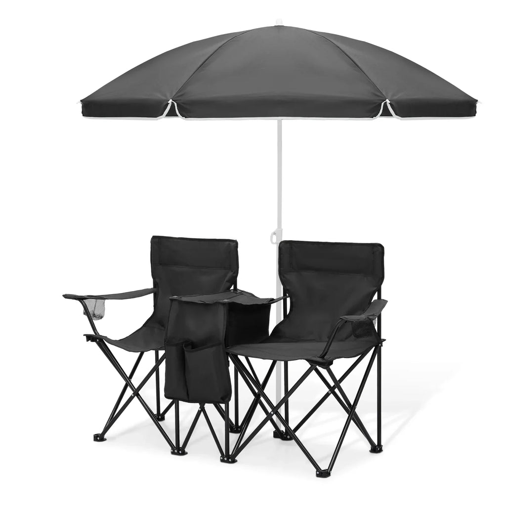 Magshion Portable Double Folding Camping Chair With Removable Umbrella, Cooler Bag And Carry Bag, Black