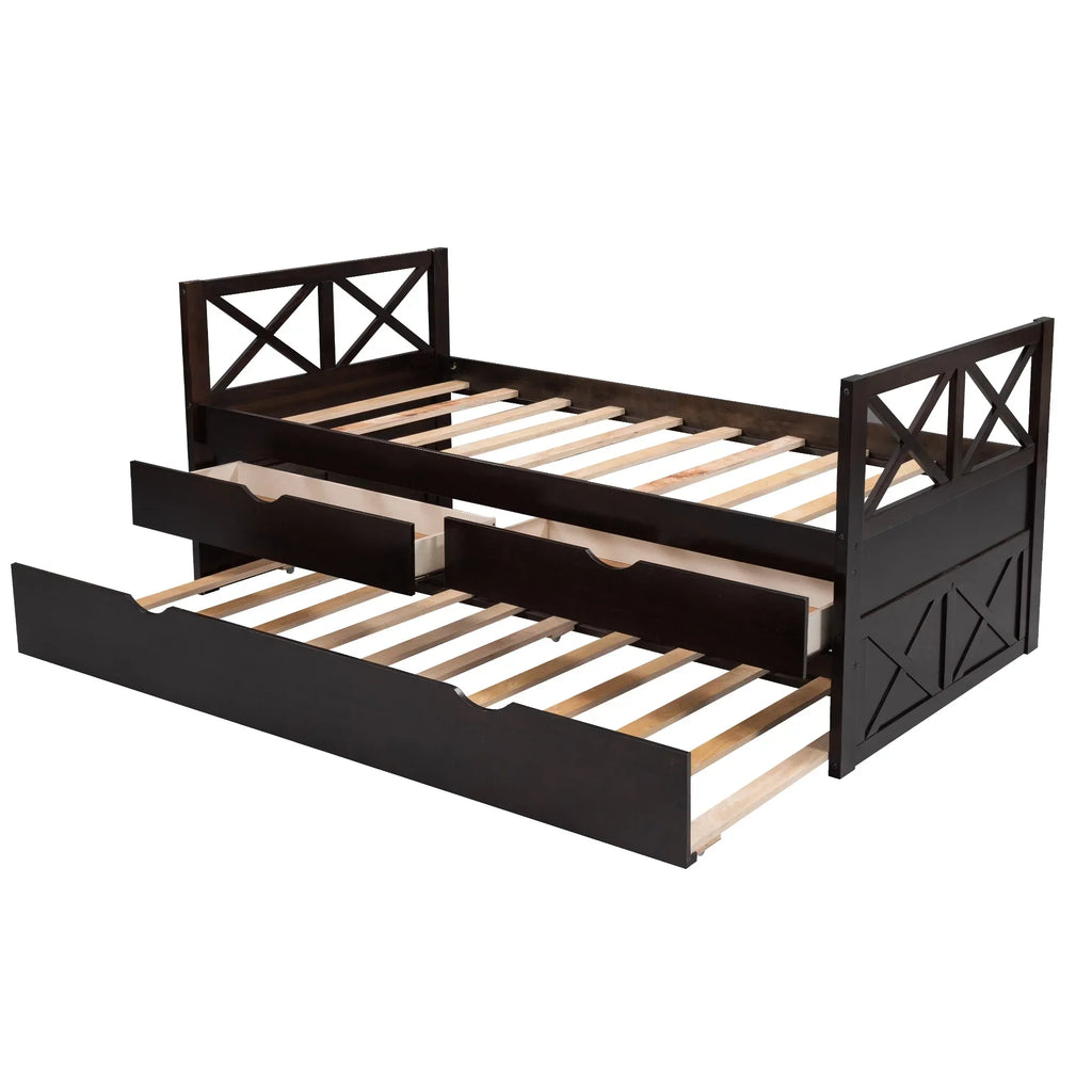 Captain Wood Twin Bed With Trundle And 3 Drawers, Brown, 78.9 in L x 42.7 in W x 36.2 in H
