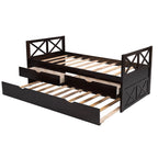 Captain Wood Twin Bed With Trundle And 3 Drawers, Brown, 78.9 in L x 42.7 in W x 36.2 in H