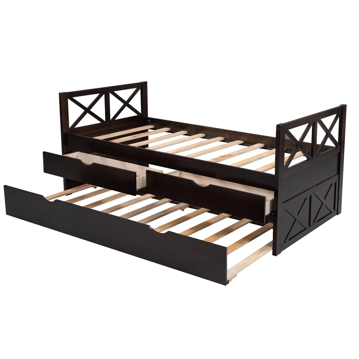 Captain Wood Twin Bed With Trundle And 3 Drawers, Brown, 78.9 in L x 42.7 in W x 36.2 in H