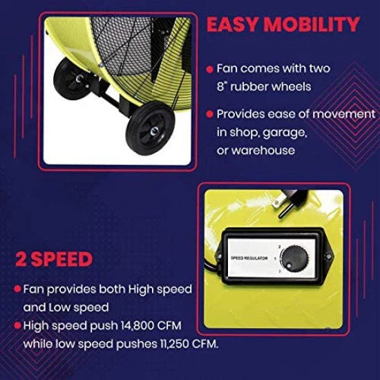K Tool International 42 in Belt Drive Drum Fan, 2-Speed, Safety Yellow - KTI77743
