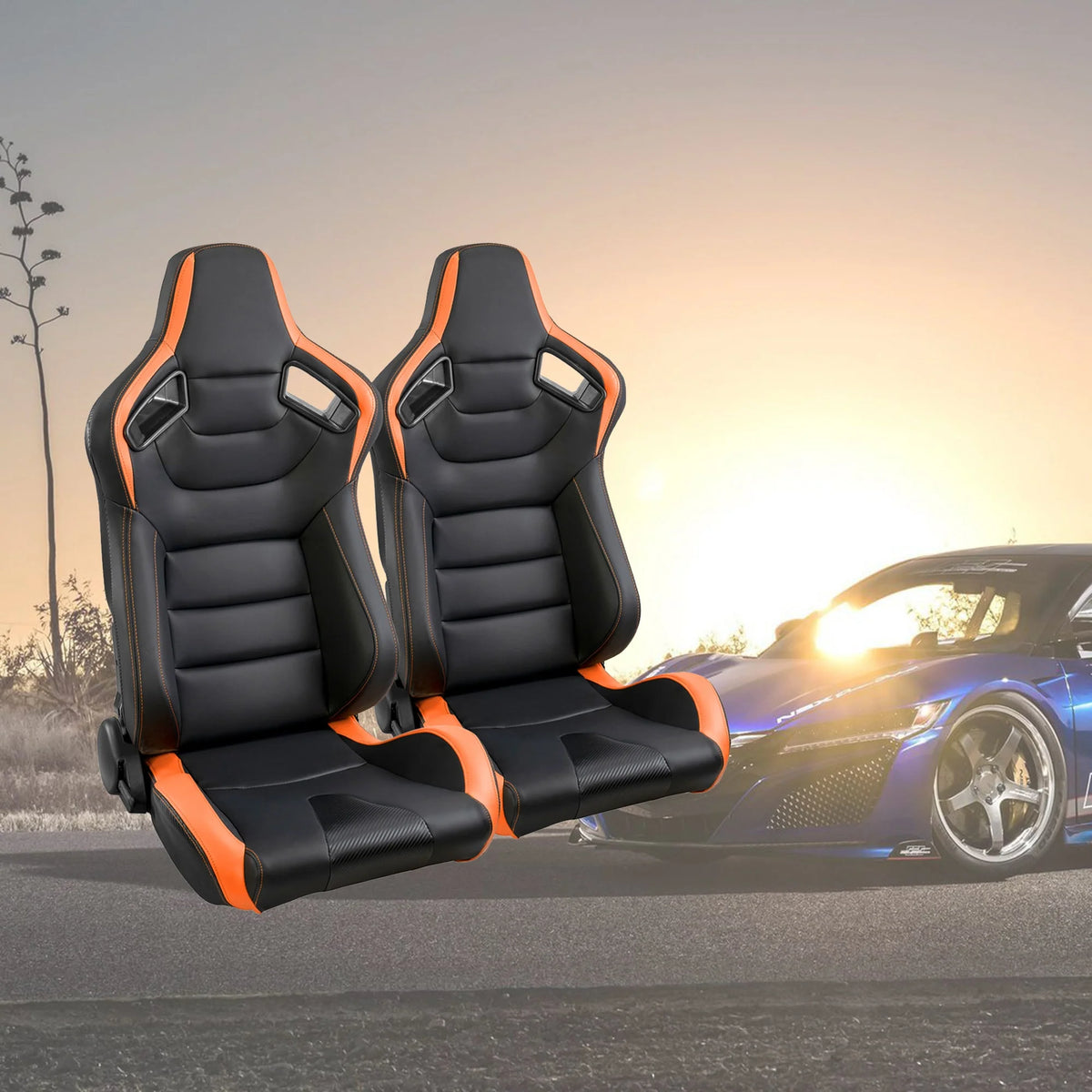 Universal PVC Leather Racing Seats, 2PCS, Black and Orange