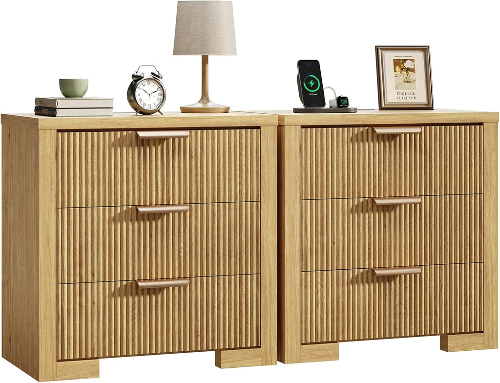 Fluted Nightstand Set Of 2 With Charging Station, 23.6 in, 3 Drawers, Natural Oak