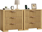 Fluted Nightstand Set Of 2 With Charging Station, 23.6 in, 3 Drawers, Natural Oak