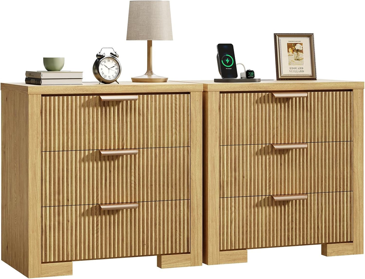 Fluted Nightstand Set Of 2 With Charging Station, 23.6 in, 3 Drawers, Natural Oak
