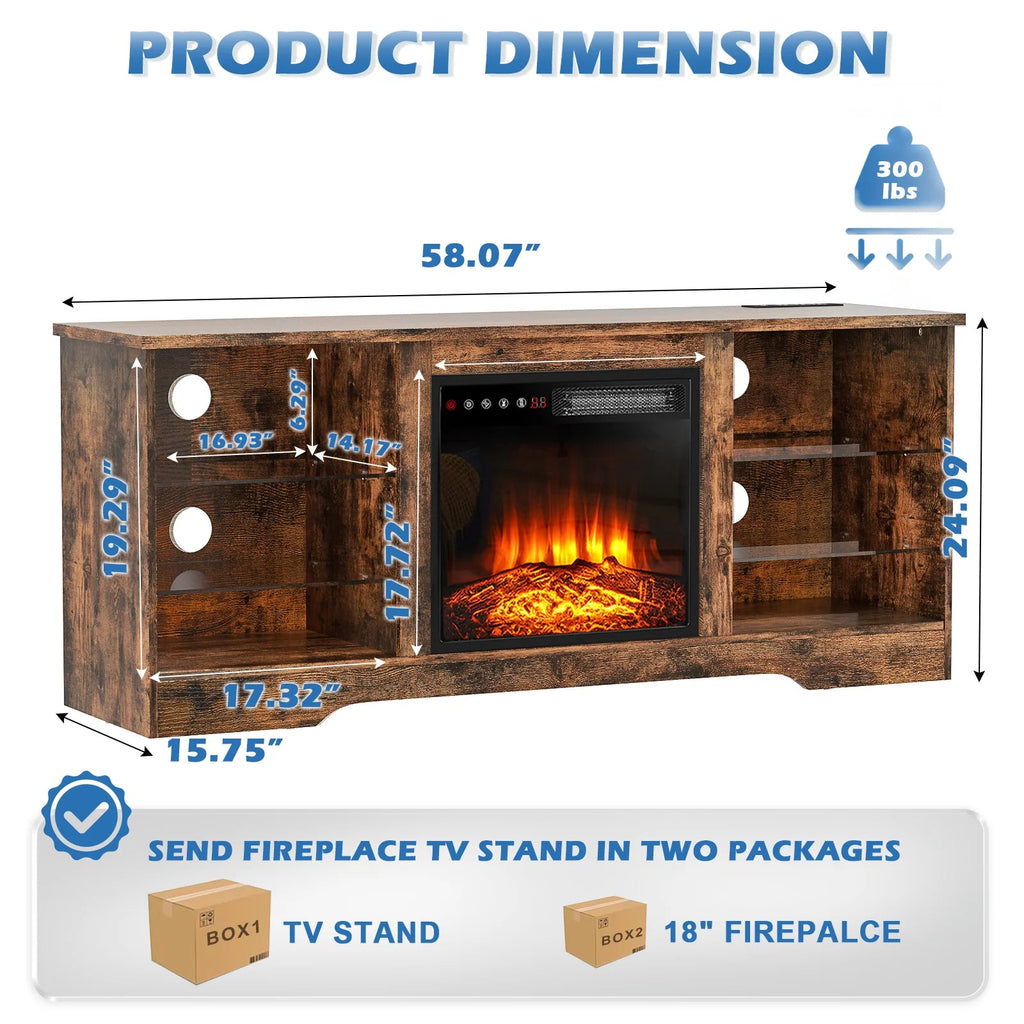Waleaf TV Stand With 18 in Electric Fireplace And Adjustable Glass Shelves - TVs Up To 65 inch