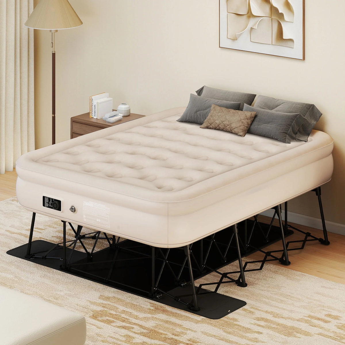 Dextrus Inflatable Queen Air Mattress With Built-In Pump, Steel Frame, Velvet Surface, Khaki