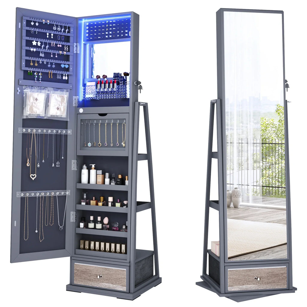 FREDEES Standing Jewelry Cabinet With Full-Length Mirror, Lights, Engineered Wood, Gray, 14 in D x 15 in W x 64 in H