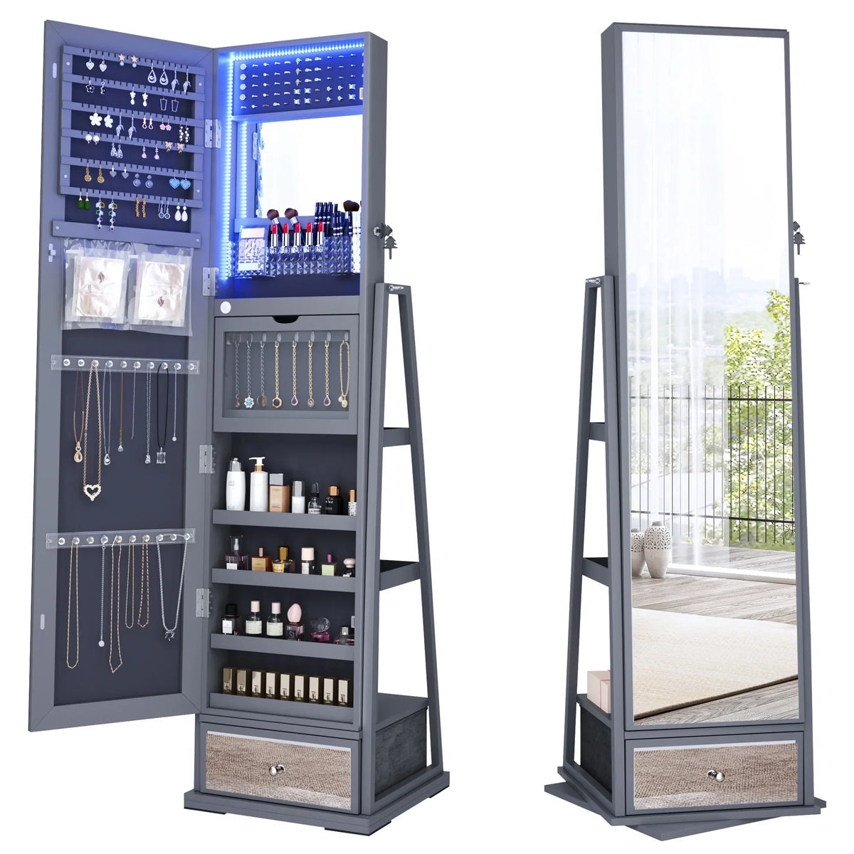 FREDEES Standing Jewelry Cabinet With Full-Length Mirror, Lights, Engineered Wood, Gray, 14 in D x 15 in W x 64 in H