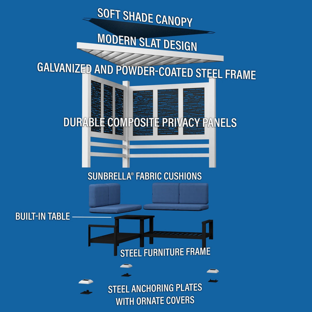 Backyard Discovery Galvanized Steel Corner Pergola With Seating, White, 12x8' - Ridgedale