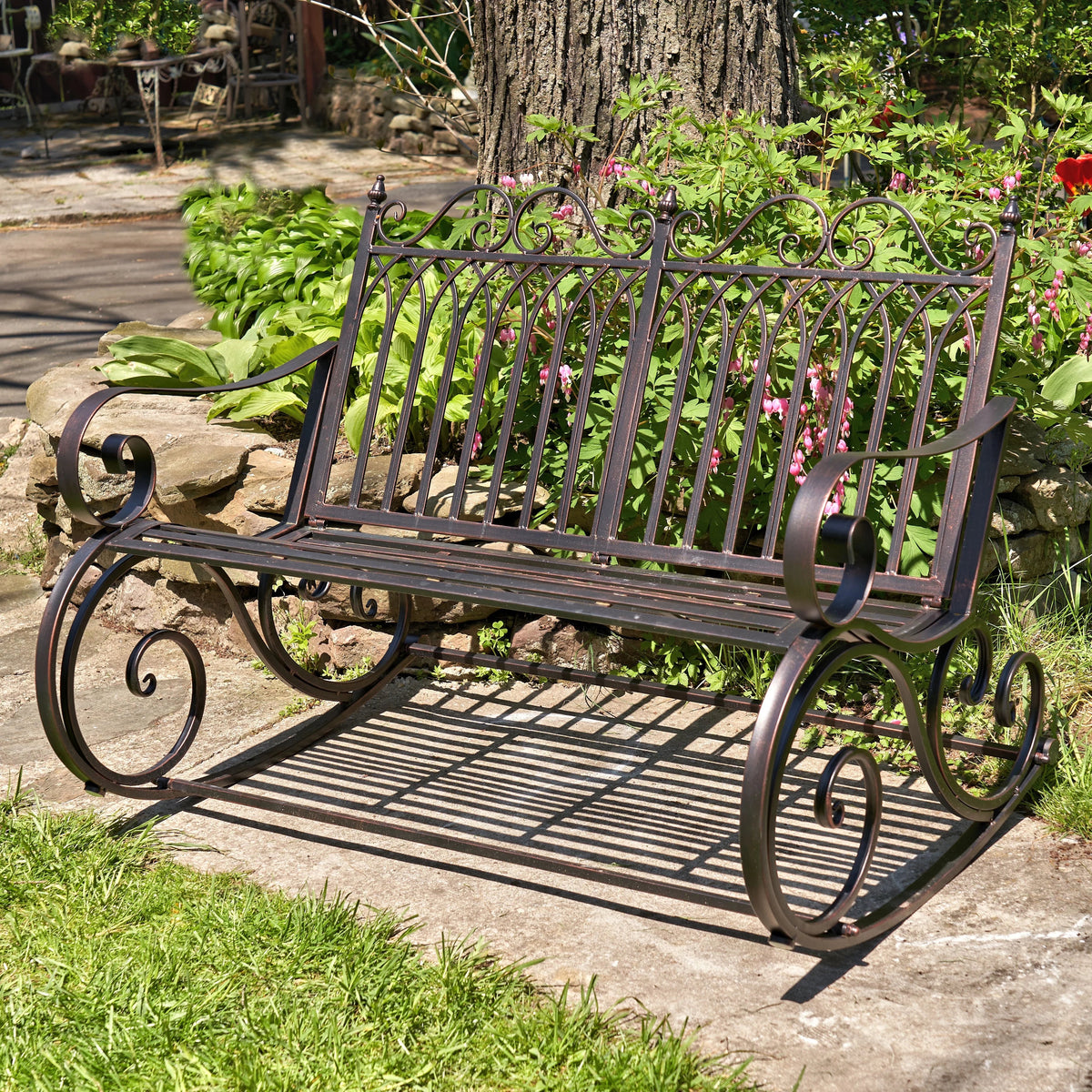 Metal Outdoor Rocking Bench, Bronze, 45 in L x 36 in W x 36 in H