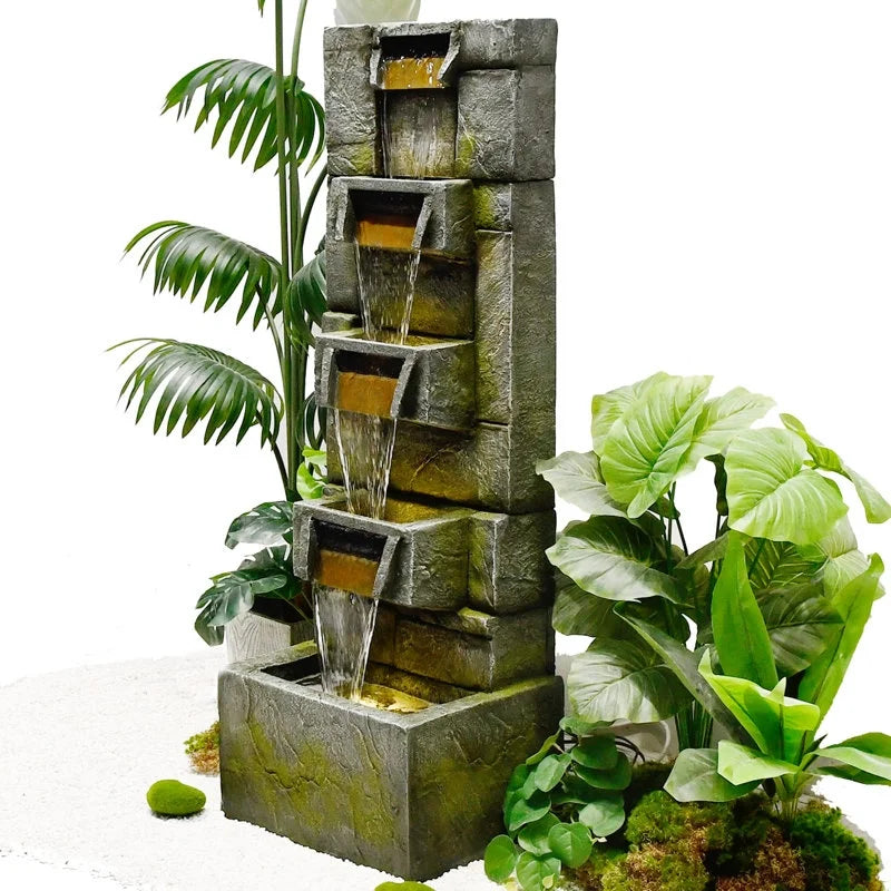 5-Tier Modern Cascading Indoor/Outdoor Fountain With LED Lights - Resin and Fiberglass