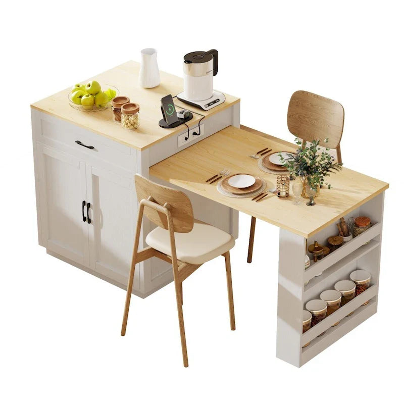 82.7 Wooden Kitchen Island With Extendable Dining Table And Double-Sized Storage