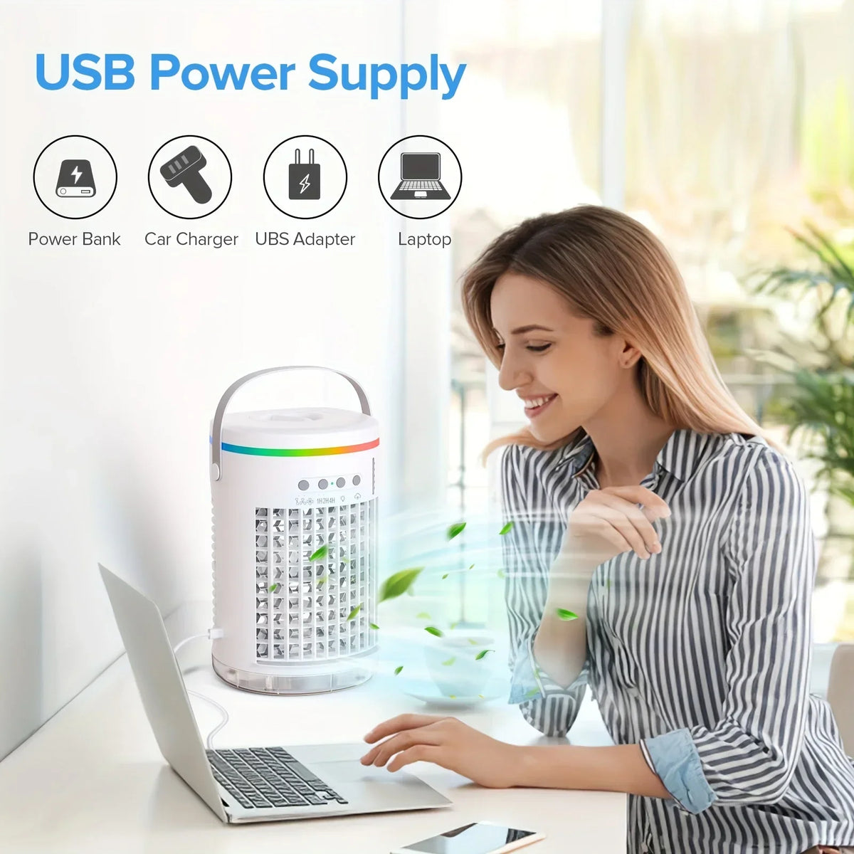 Portable Evaporative Cooler, 1400ml, 3 Speeds, USB, Remote, 7 LED Lights