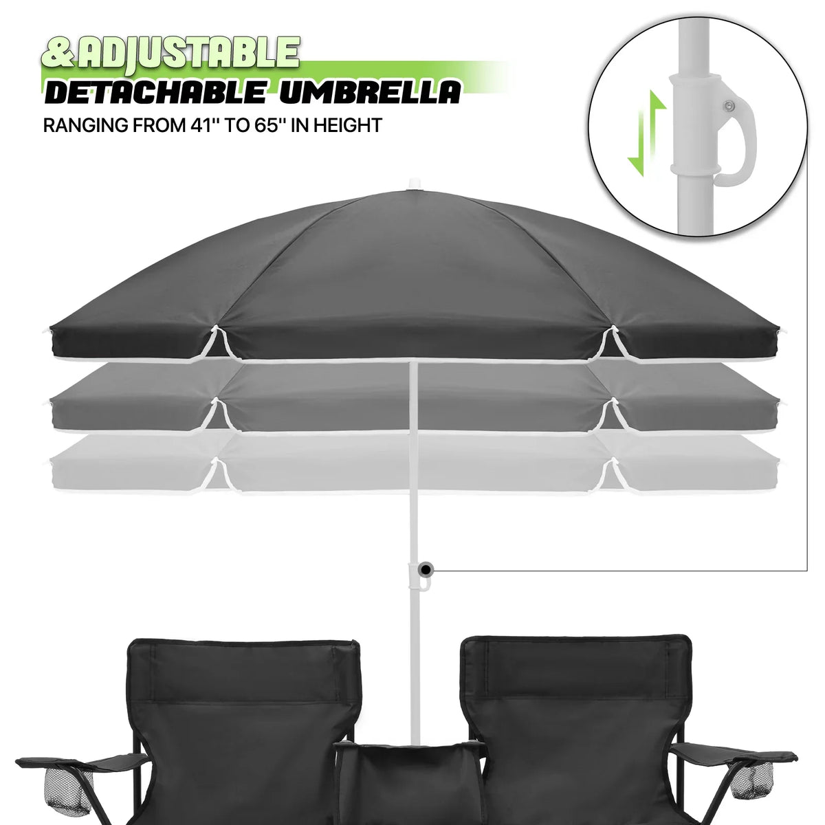 Magshion Portable Double Folding Camping Chair With Removable Umbrella, Cooler Bag And Carry Bag, Black