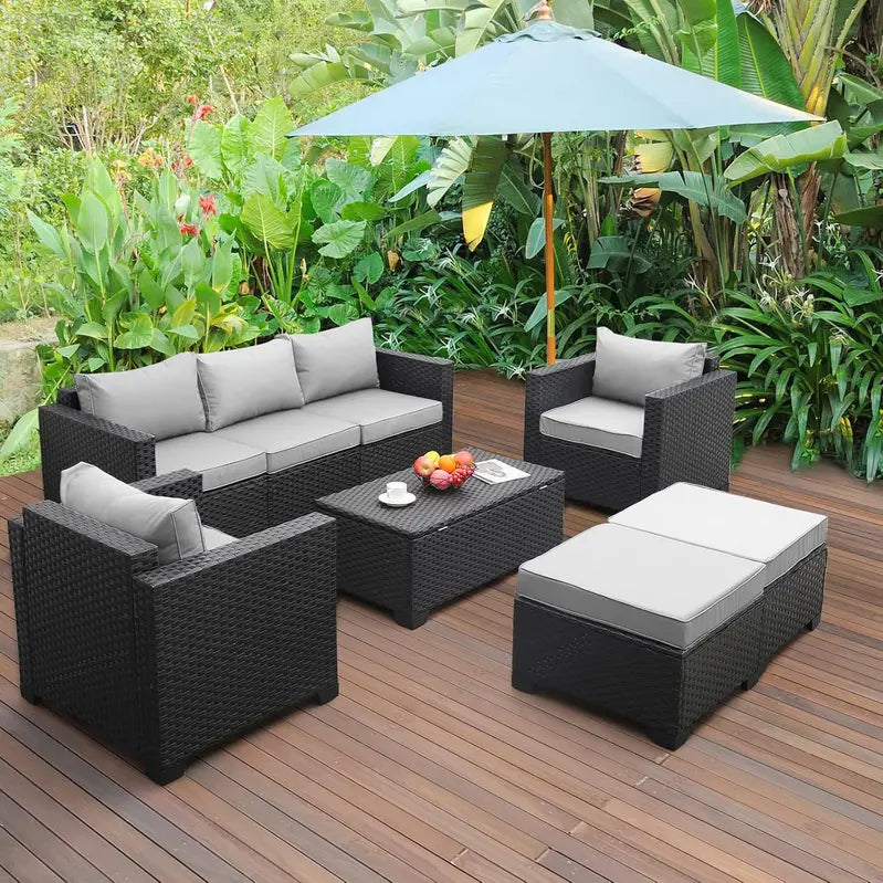 Rattaner 6-Piece Outdoor Patio Conversation Set With Cushions, Covers And Coffee Table - Peacock Blue