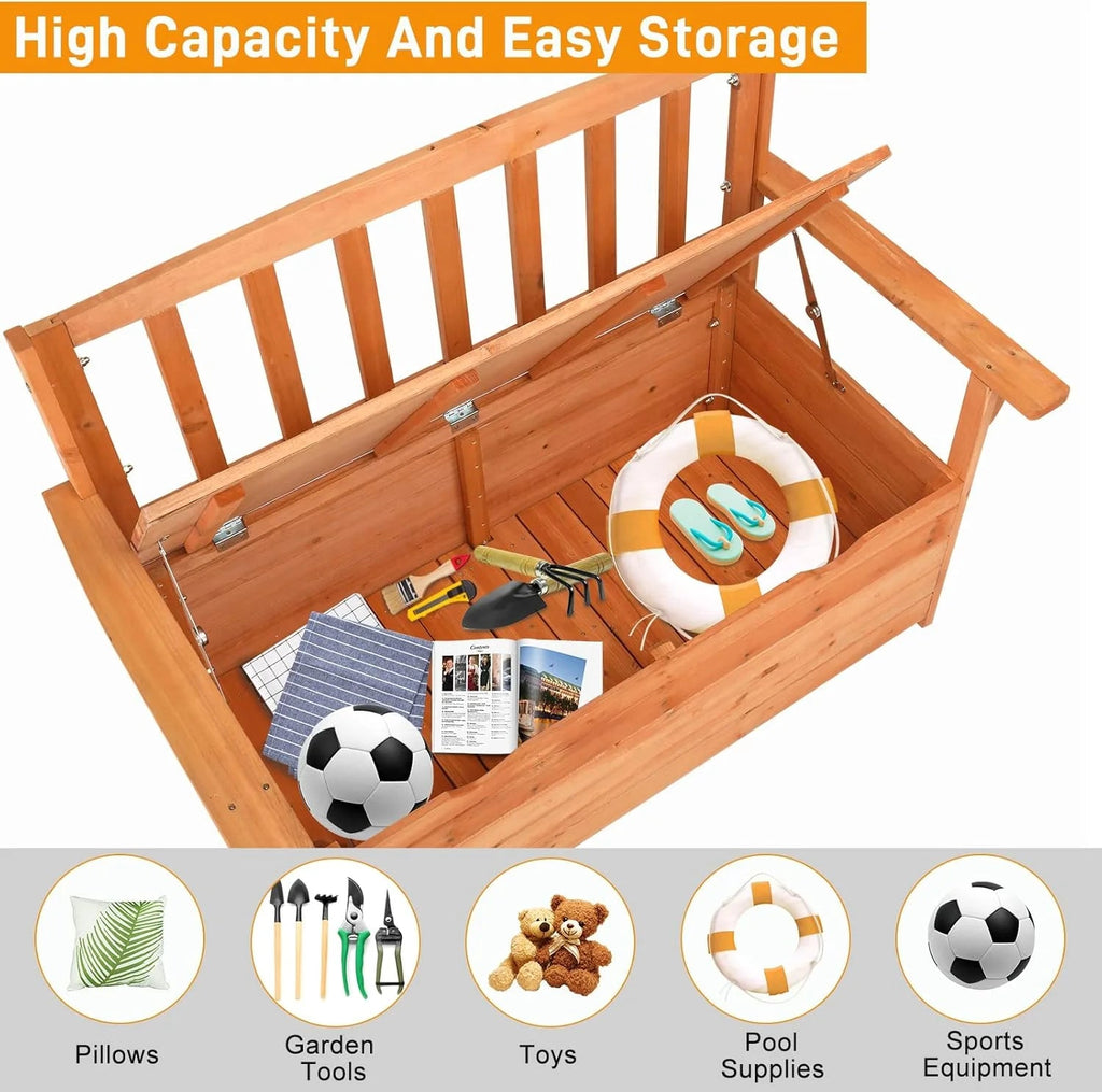 Outvita Outdoor Wood Storage Bench Loveseat With Armrests - 2 Person