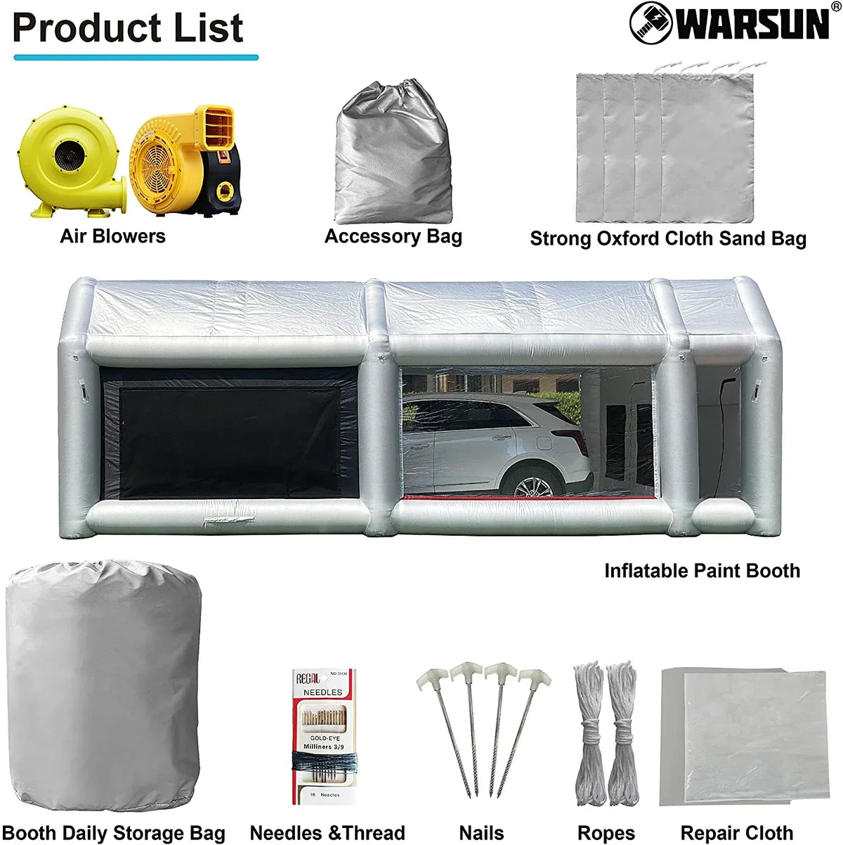 WARSUN Inflatable Paint Booth With Air Filter System, 28X15X10Ft, 950W+750W Blowers