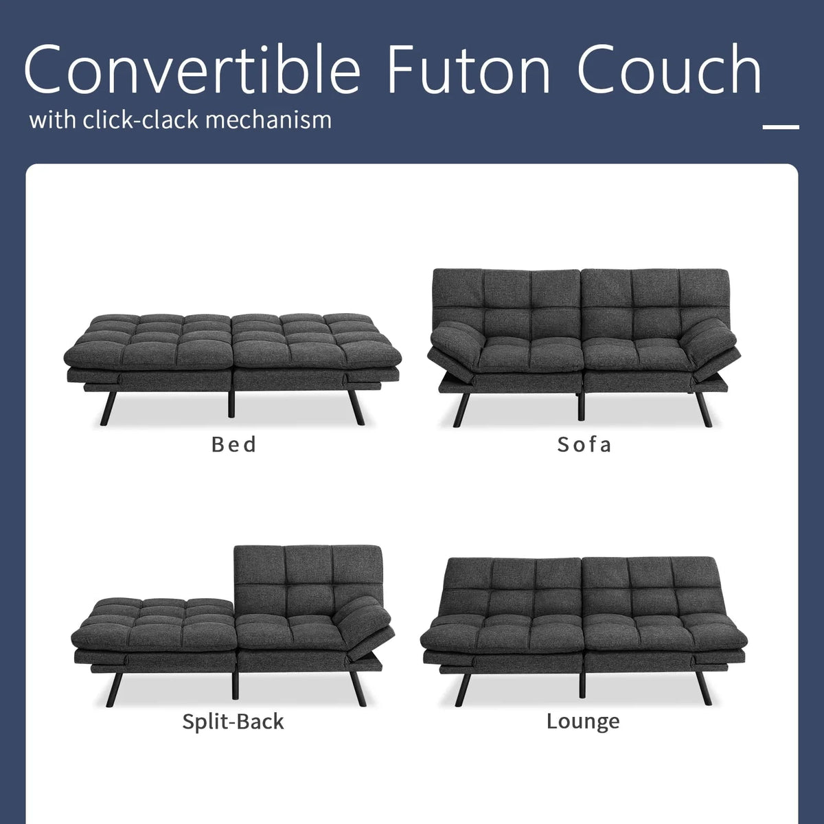 Memory Foam Futon Sofa Bed With Adjustable Armrests And Backrest - Gray