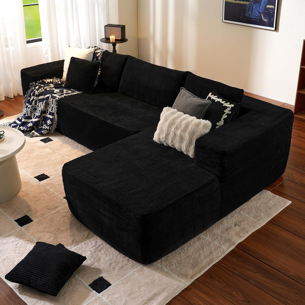 ovios 104in L-Shape Sectional Sofa With Chaise, Grey Plush Corduroy Fabric