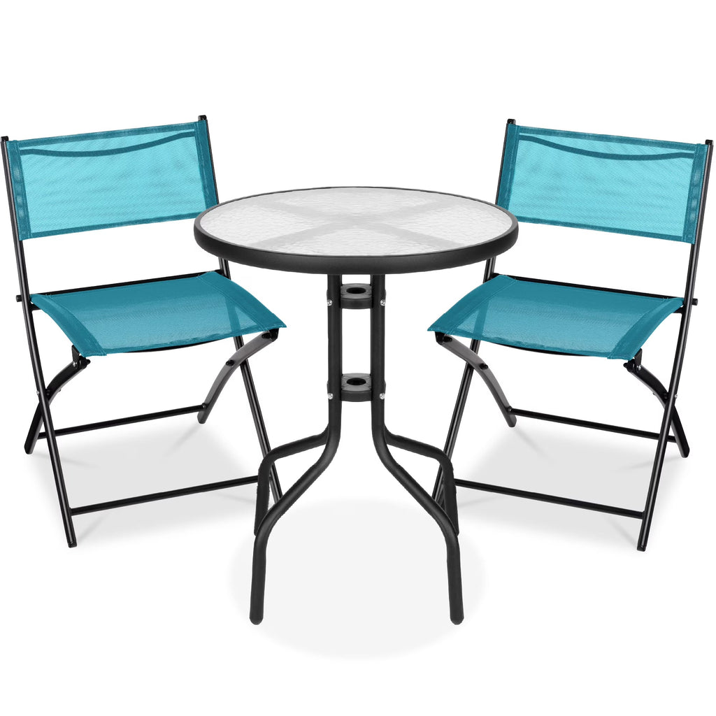 Best Choice Products 3-Piece Patio Bistro Dining Set With Glass Tabletop And Folding Chairs - Gray