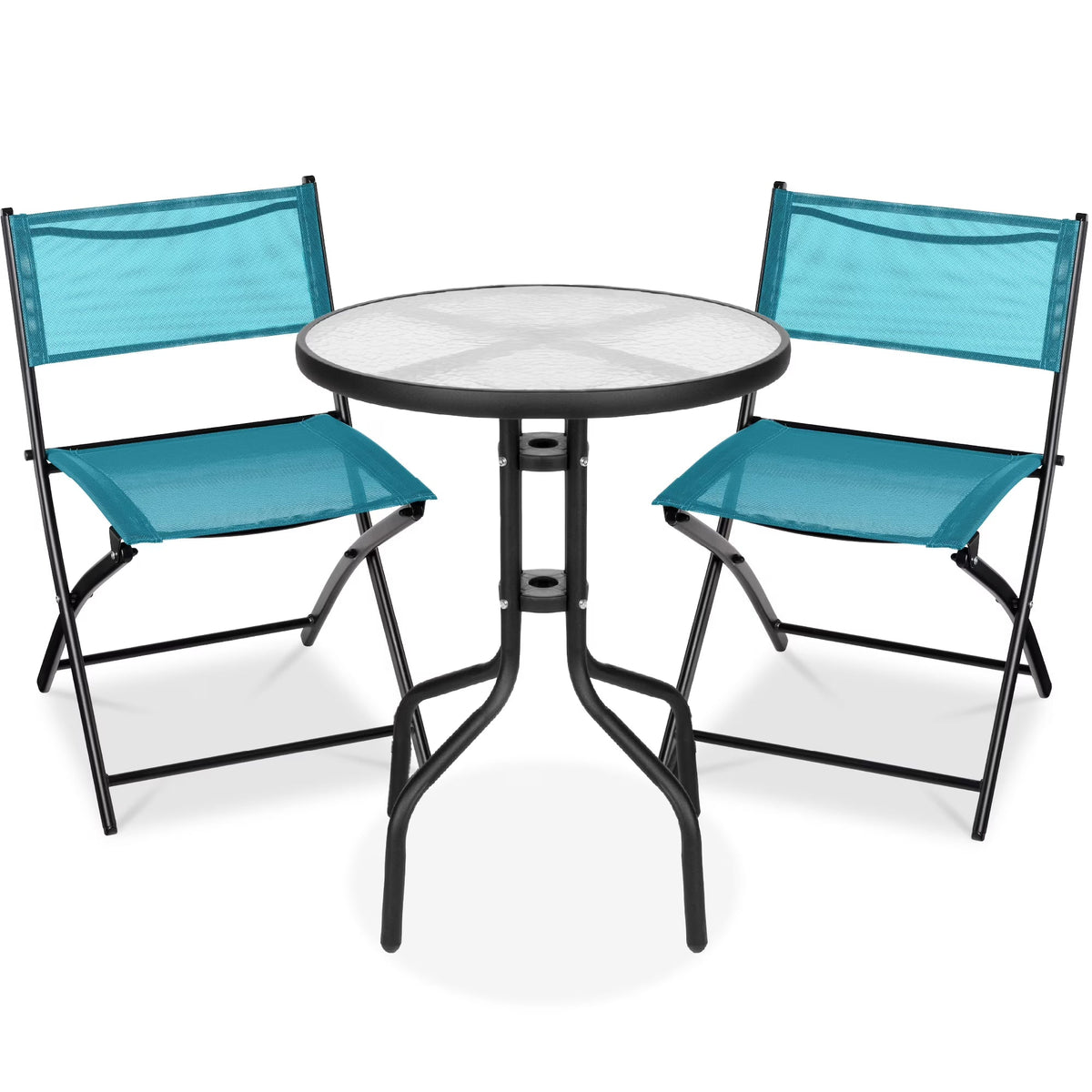 Best Choice Products 3-Piece Patio Bistro Dining Set With Glass Tabletop And Folding Chairs - Gray