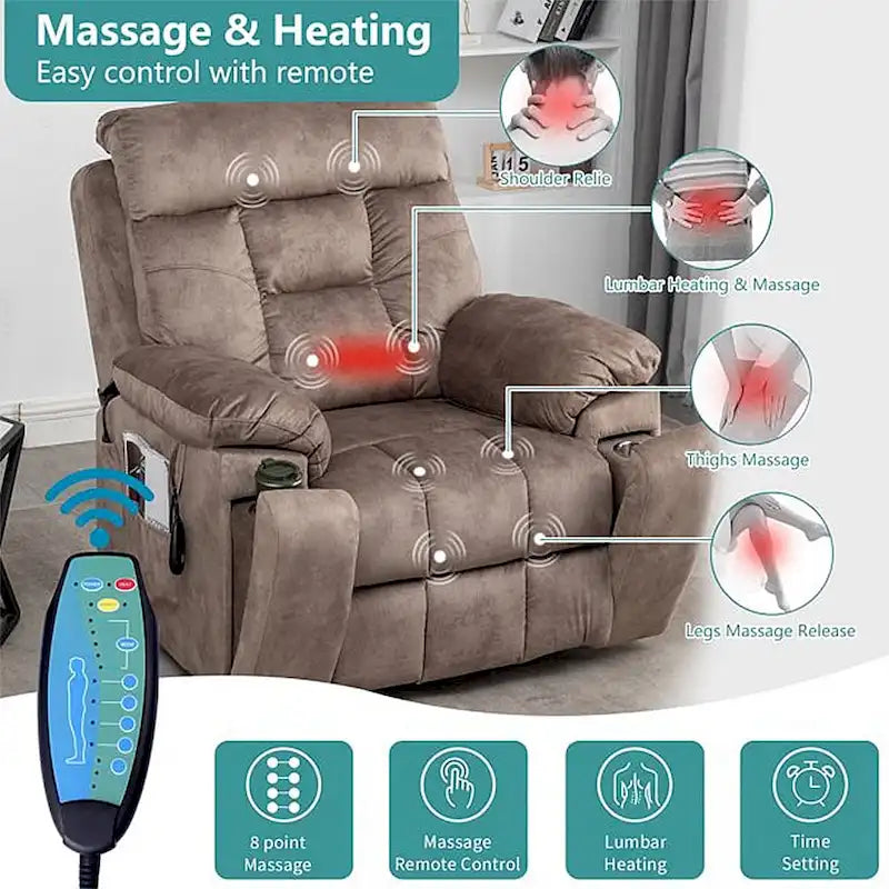 Large Electric Power Lift Recliner With Heat, Massage, Hidden Cup Holder - 40.94W x 38.19D x 42.52H