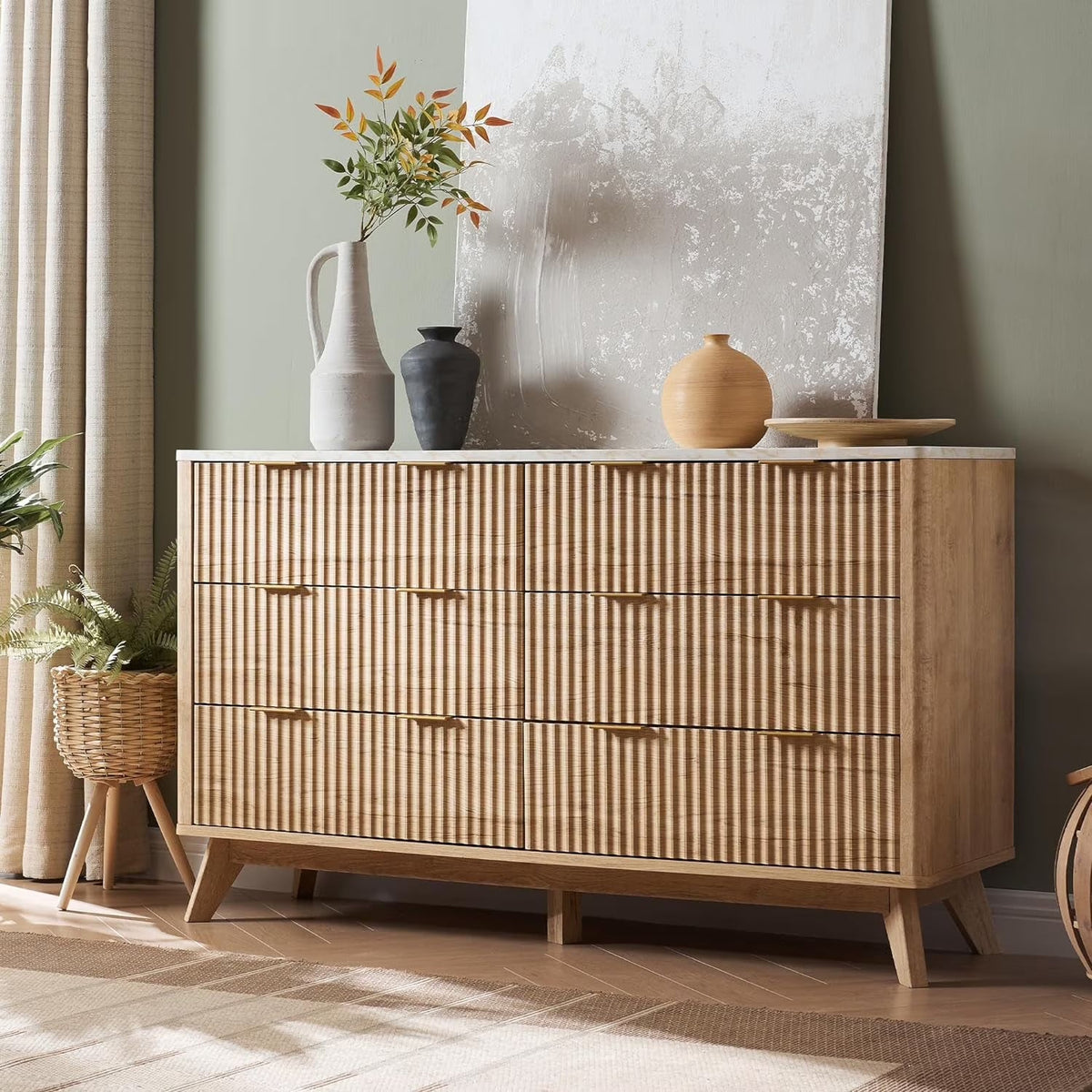 OKD 6-Drawer Dresser With Faux Marble Top, Natural Oak, 16in D x 54in W x 32in H