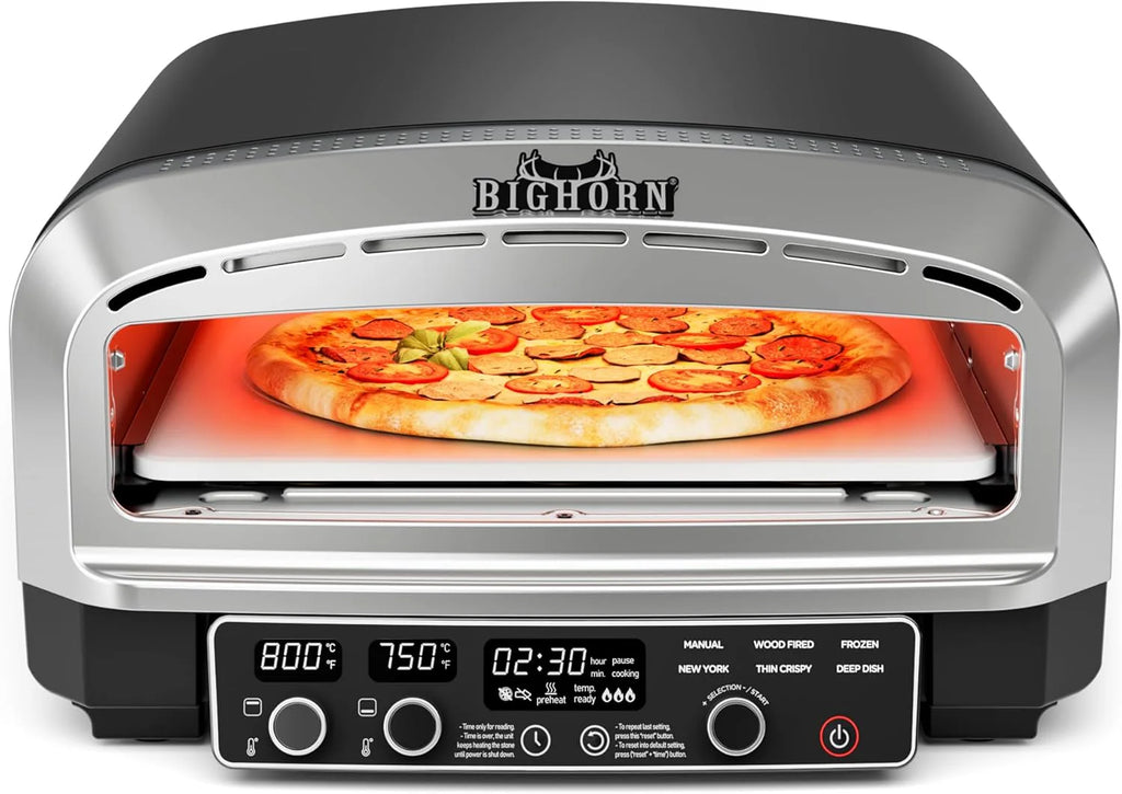 BIG HORN OUTDOORS Countertop Electric Pizza Oven, 14-inch, Stainless Steel, Black/Silver