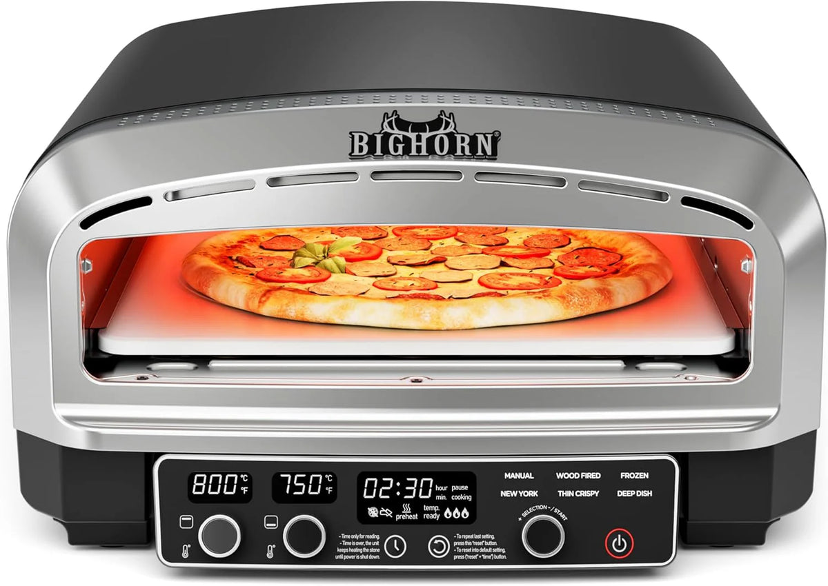 BIG HORN OUTDOORS Countertop Electric Pizza Oven, 14-inch, Stainless Steel, Black/Silver