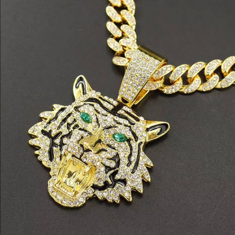 Tiger Head Pendant Necklace With Green Eyes, 13mm Cuban Link Chain, 20in - Gold Or Silvery