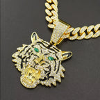 Tiger Head Pendant Necklace With Green Eyes, 13mm Cuban Link Chain, 20in - Gold Or Silvery
