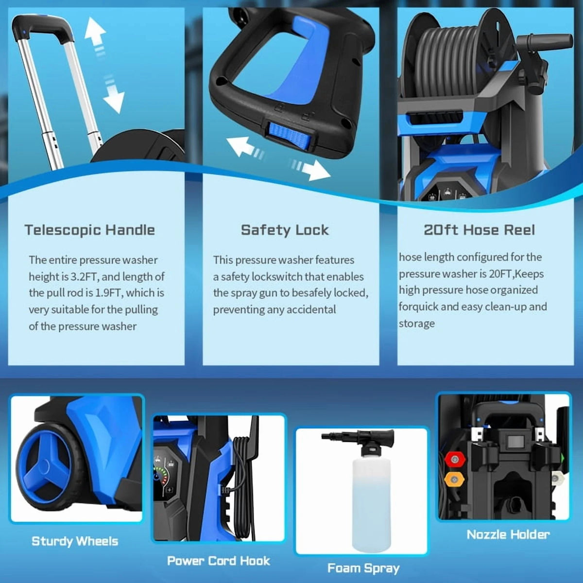 Electric Pressure Washer 5000PSI-Max 3.6GPM 1800 Watt With 4 Nozzles And 500ml Foam Cannon - Blue
