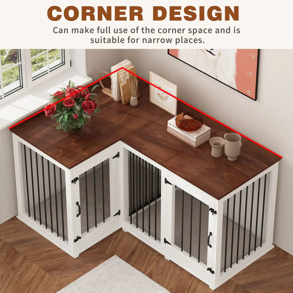L Shape Corner Dog Crate Furniture For 2 Dogs, 58.7X41.1