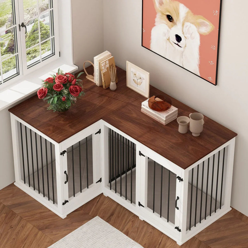 L Shape Corner Dog Crate Furniture For 2 Dogs, 58.7X41.1