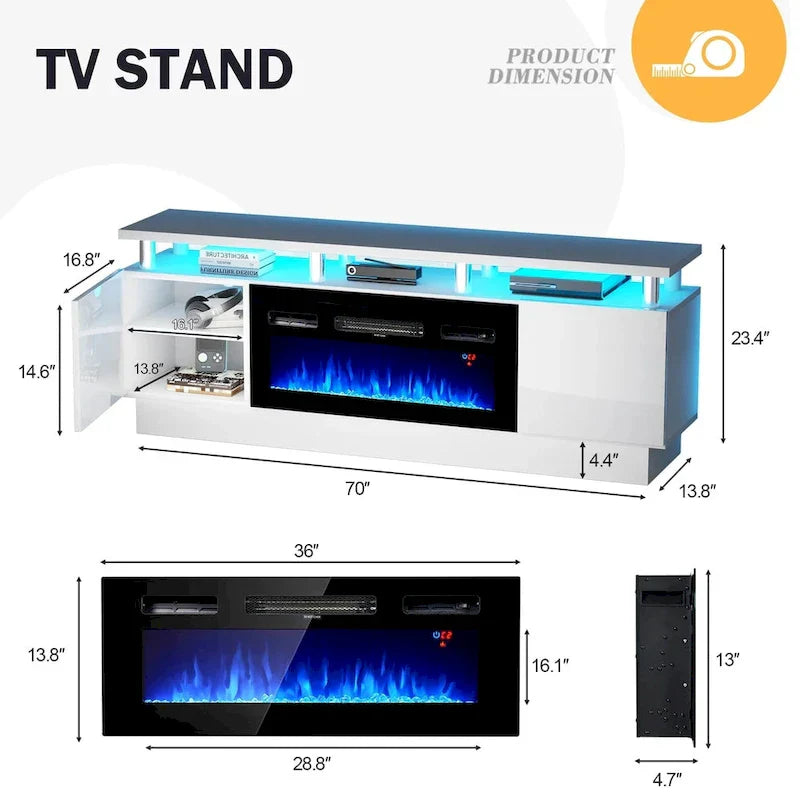 70 Inch TV Stand With 36 Inch Electric Fireplace And Adjustable Shelves