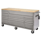 72 in. 18-Drawer 24 in. D Mobile Workbench With Solid Wood Top - Stainless Steel