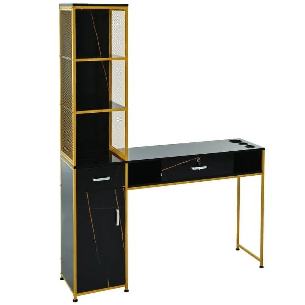 Barber Salon Station With Lockable Drawer, Left Shelf And Storage Cabinet - Black