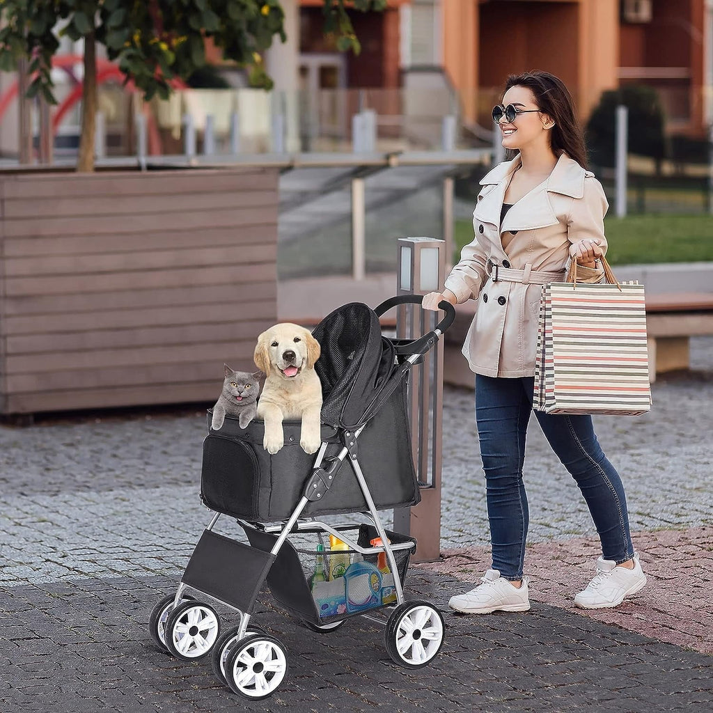 Foldable Cat/Dog Pet Stroller With 4 Wheel, Storage Basket, Cup Holder - Black