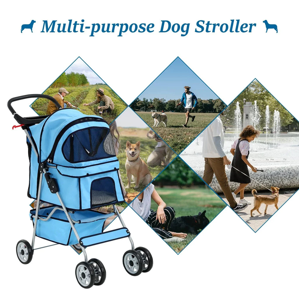 Dkelincs Folding Pet Stroller With Cup Holder And Storage Basket, Blue - 35 lbs