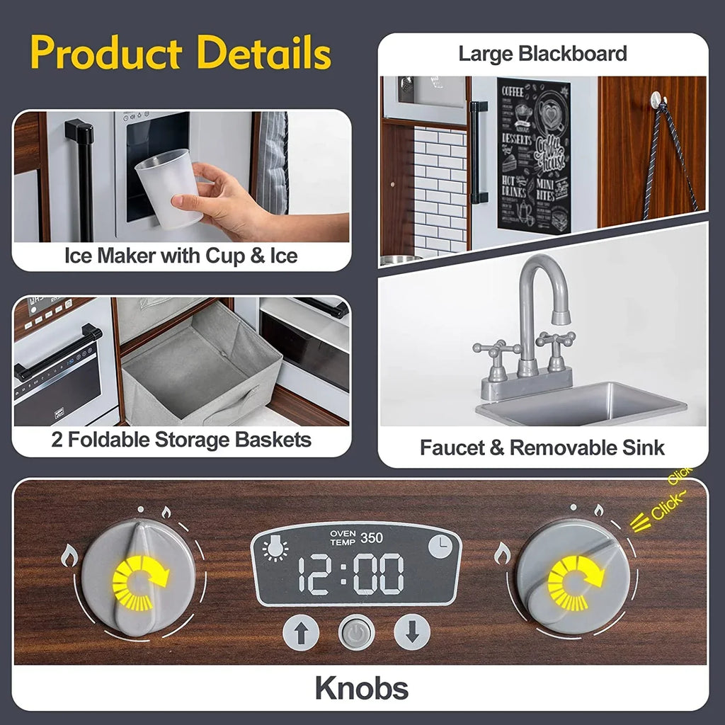 BRINJOY Corner Wooden Kids Play Kitchen With Faucet, Sink, Microwave, Oven, Apron, Blackboard, Sound And Light