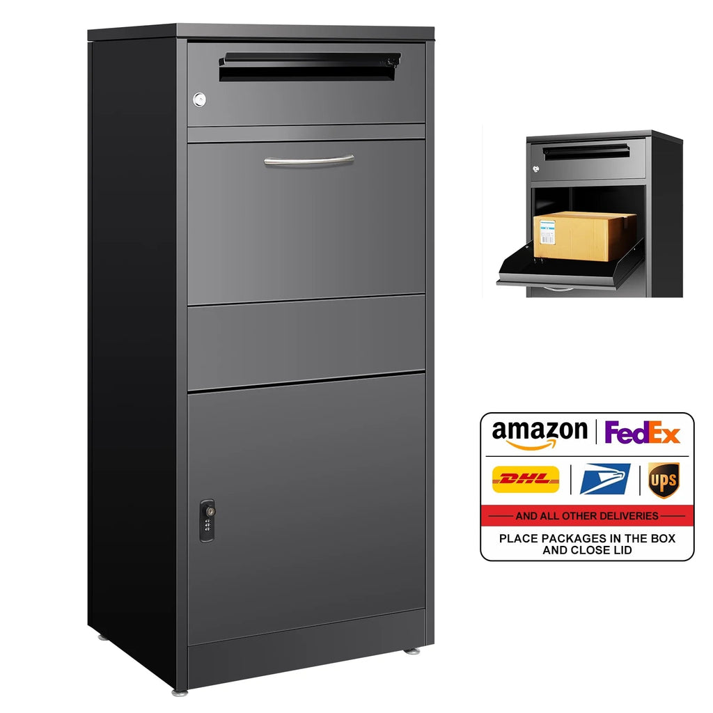 Gaonala Steel Package Delivery Box 19.6x14.4x44.9in Lockable Weather-Resistant Black