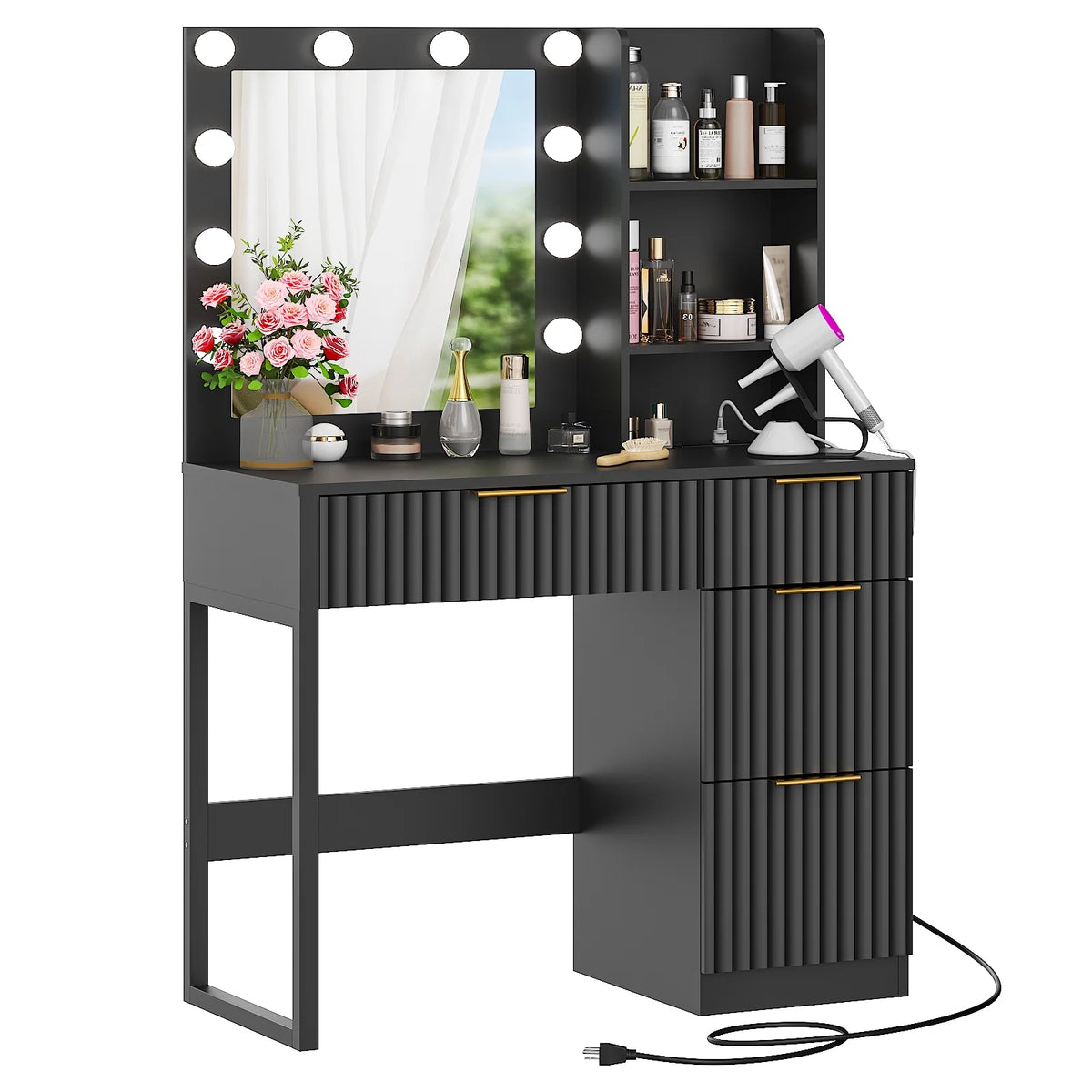 Ktaxon Vanity Makeup Table With Stool, 3-Color Lighted Mirror, 3 Shelves, Drawers, White - 35.43 x 15.55 x 29.53-53.27 in