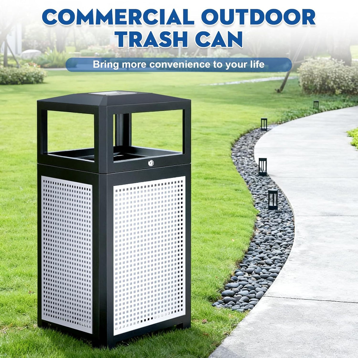 Outdoor Commercial Trash Can, 40 Gallon, Steel Mesh With Metal Liner - Black