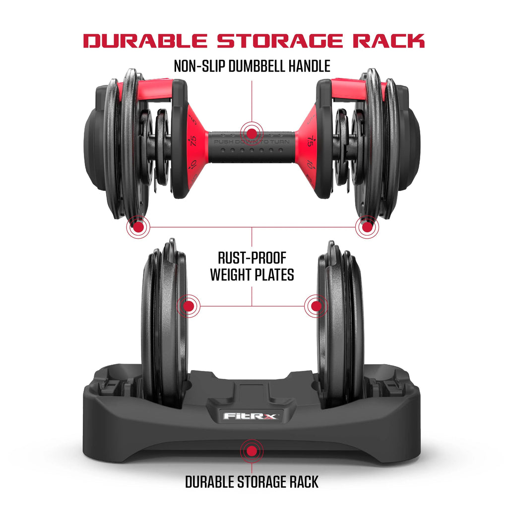 FitRx SmartBell Adjustable Dumbbell Set, 2-Pack, 25lb, 9-in-1 Quick-Select Weights, 2.5lb Increments