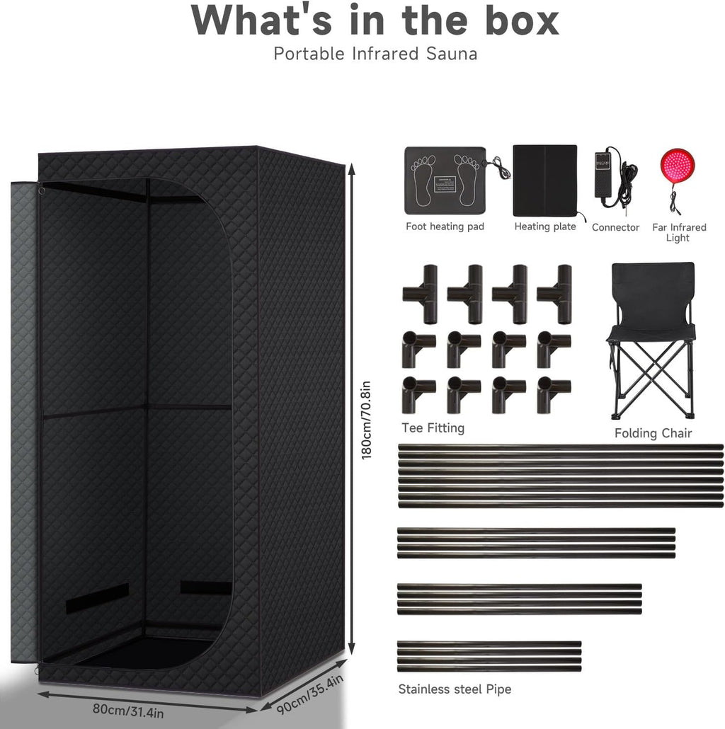 Portable Far Infrared Dry Sauna Box With Red Light Therapy, 9 Levels, 5.9ft x 2.9ft x 2.6ft
