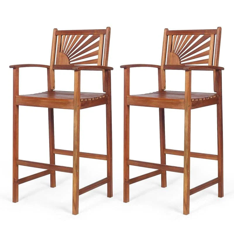 2-Pack Acacia Wood Outdoor Patio Bar Stools, Natural, 29in Seat Height - Sunflower Backrest