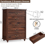 Joaxswe Farmhouse 5 Drawer Dresser, 31.5in W x 15.74in D x 44.9in H, Brown