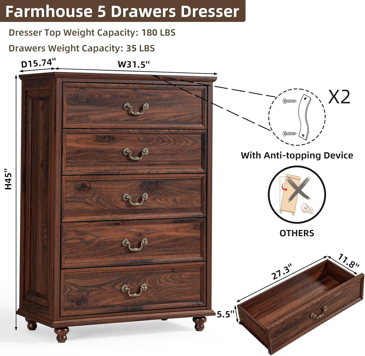 Joaxswe Farmhouse 5 Drawer Dresser, 31.5in W x 15.74in D x 44.9in H, Brown